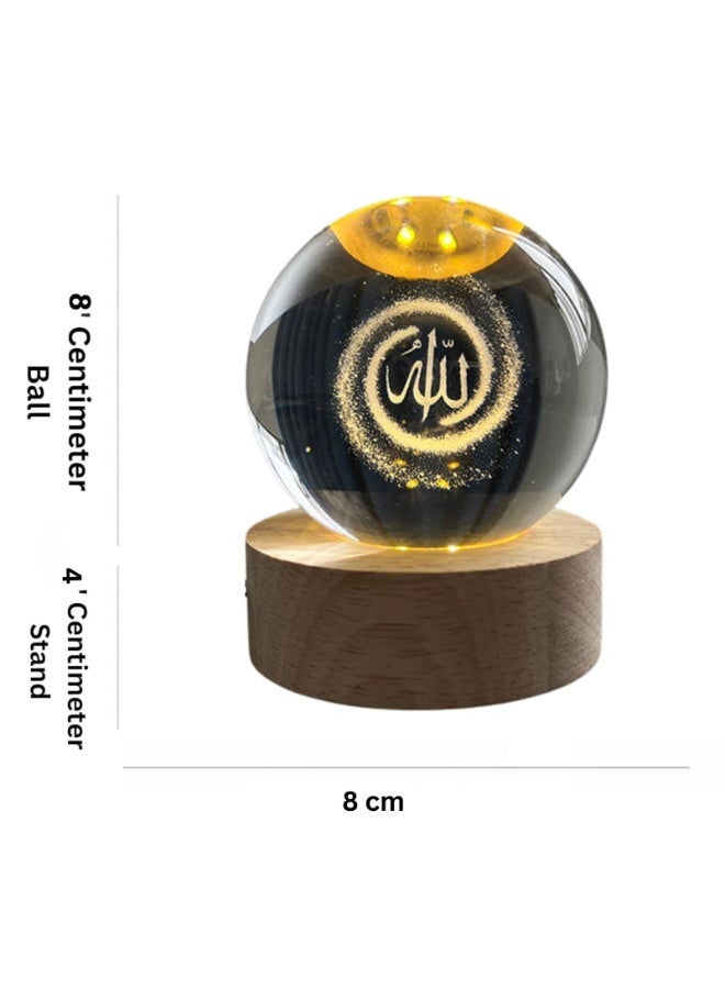 ARABIQO 3D Crystal Ball Night Light 8cm with Wooden Base, USB Powered LED Glass Lamp for Bedroom & Home Décor, Galaxy Crystal Gift for Valentine’s Day, Ramadan & Special Occasions (Allah) - Image 3